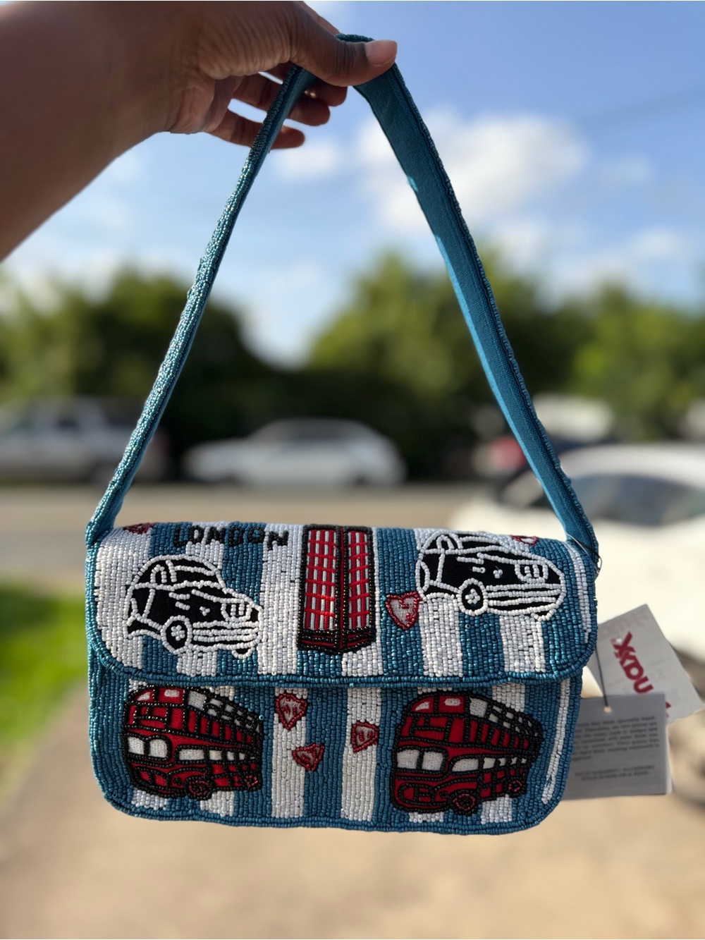 Marshalls London Teal Beaded Shoulder Bag with Red & White Accents